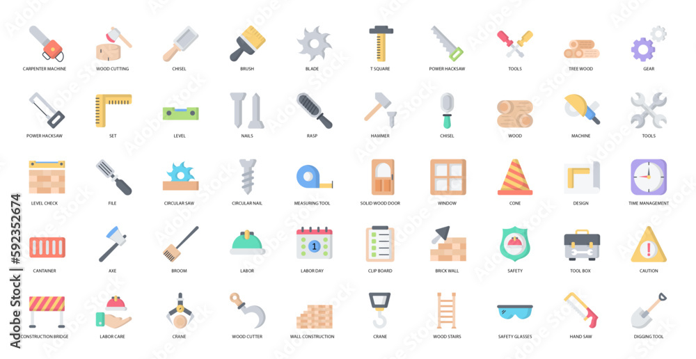 Carpentry Flat Icons Chisel Broom Digging Icon Set in Color Style 50 Vector Icons Carpentry Flat Icons Chisel Broom Digging Icon Set in Color Style 50 Vector Icons