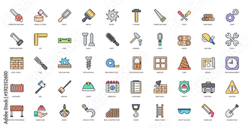 Carpentry Color Line Icons Chisel Broom Digging Icon Set in Filled Outline Style 50 Vector Icons