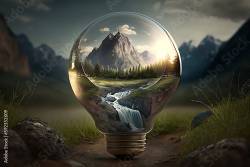 Illustration of Mountain, valley, River in the light bulb. Generative AI 