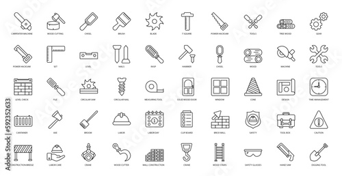 Carpentry Thin Line Icons Chisel Broom Digging Icon Set in Outline Style 50 Vector Icons in Black