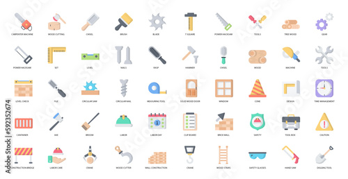Carpentry Flat Icons Chisel Broom Digging Icon Set in Color Style 50 Vector Icons