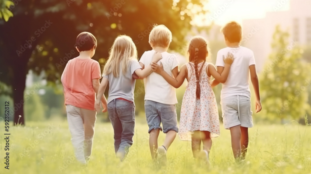 Happy kids playing outside and having fun together in summertime, a group of joyful friends walking in green park and hugging each other. Children and friendship concept Happy kids playing outside and having fun together in summertime, a group of joyful friends walking in green park and hugging each other. Children and friendship concept