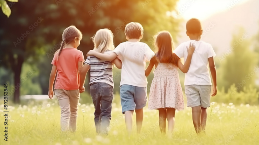 Happy kids playing outside and having fun together in summertime, a group of joyful friends walking in green park and hugging each other. Children and friendship concept Happy kids playing outside and having fun together in summertime, a group of joyful friends walking in green park and hugging each other. Children and friendship concept