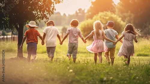 Happy kids playing outside and having fun together in summertime, a group of joyful friends walking in green park and hugging each other. Children and friendship concept photo