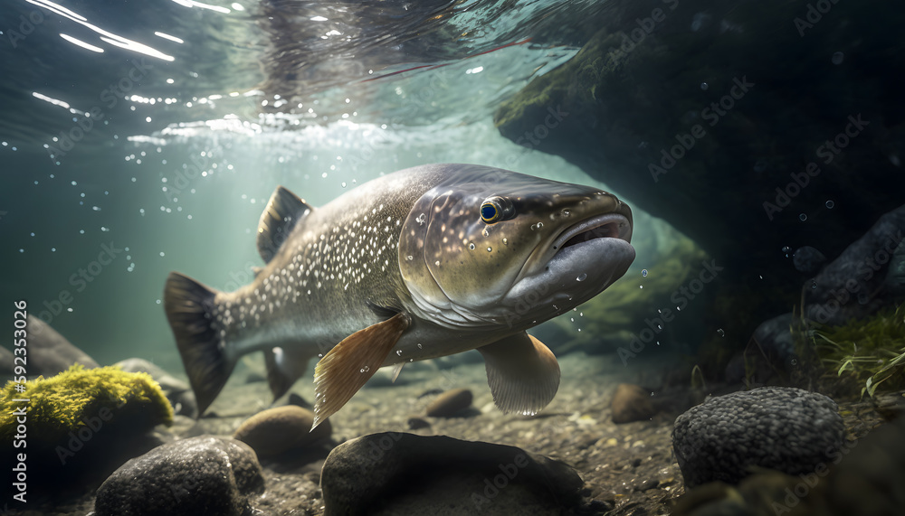 Predatory fish salmon trout in habitat under water looking for prey. Sport fishing concept. Generation AI Predatory fish salmon trout in habitat under water looking for prey. Sport fishing concept. Generation AI