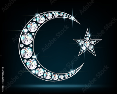 Symbol of Islam. Crescent and star made of diamonds on a dark background. 3D realistic illustration. Vector.