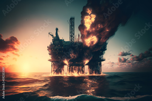 Accident on offshore petroleum platform, Gas explosion on oil rig at sea water, sunset light. Generation AI