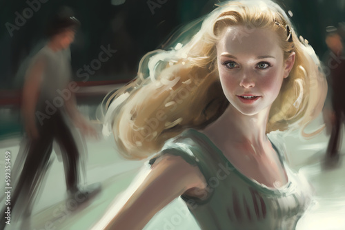Illustration of a young blond woman with long hair, walking in a skating rink. Generative AI