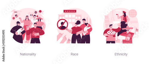Human diversity abstract concept vector illustration set. Nationality, race and ethnicity, country of birth, passport, social difference, human rights, skin color, genetic code abstract metaphor.