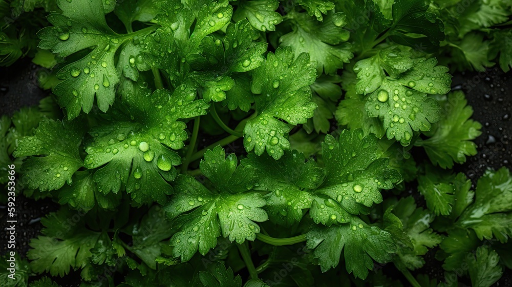 bunch of parsley or cilantro leaves with water drops on black background. top view bunch of parsley or cilantro leaves with water drops on black background. top view