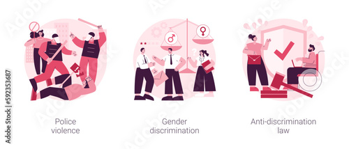 Civil rights violation abstract concept vector illustration set. Police violence, gender discrimination, anti-discrimination law, mass protest, police brutality, gender roles abstract metaphor.