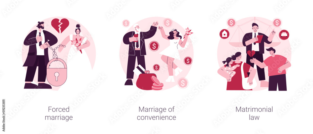 Family law abstract concept vector illustration set. Forced marriage