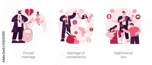 Family law abstract concept vector illustration set. Forced marriage, marriage of convenience, matrimonial law, domestic violence, sexual abuse, child custody, wedding rings abstract metaphor.