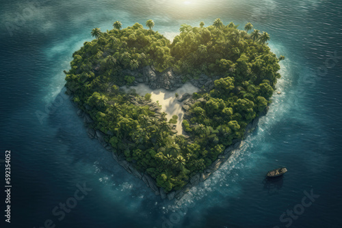 A romantic and idyllic heart-shaped island surrounded by crystal clear blue waters and a boat anchored at its shore. The perfect place for a dreamy getaway. AI Generative. © sorapop