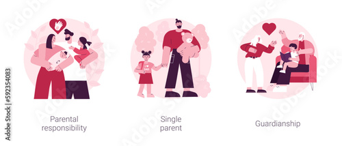 Child custody abstract concept vector illustration set. Parental responsibility, single parent, guardianship, social roles, child care, foster parenting, legal guardian authority abstract metaphor.
