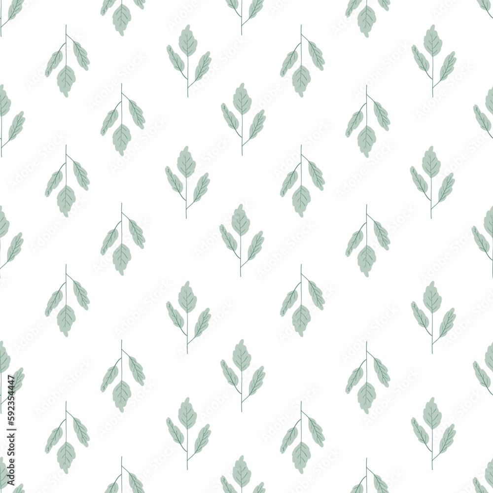 Fototapeta premium Seamless minimalism pattern with branches. Graphic leaves seamless background. Delicate pattern with twigs for children's textiles. Vector graphics of flowers and leaves.