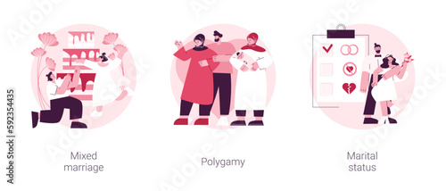 Legal status abstract concept vector illustration set. Mixed marriage, polygamy, marital status, multiracial family, persons relationship, different races and religions, wedding abstract metaphor.