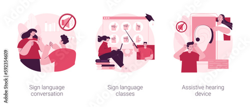 Disability communication abstract concept vector illustration set. Sign language conversation, silent speech classes, assistive hearing device, hand alphabet, deaf people abstract metaphor.