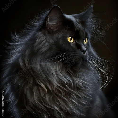 Black cat portait. Beautiful persian black cat. Generative AI.