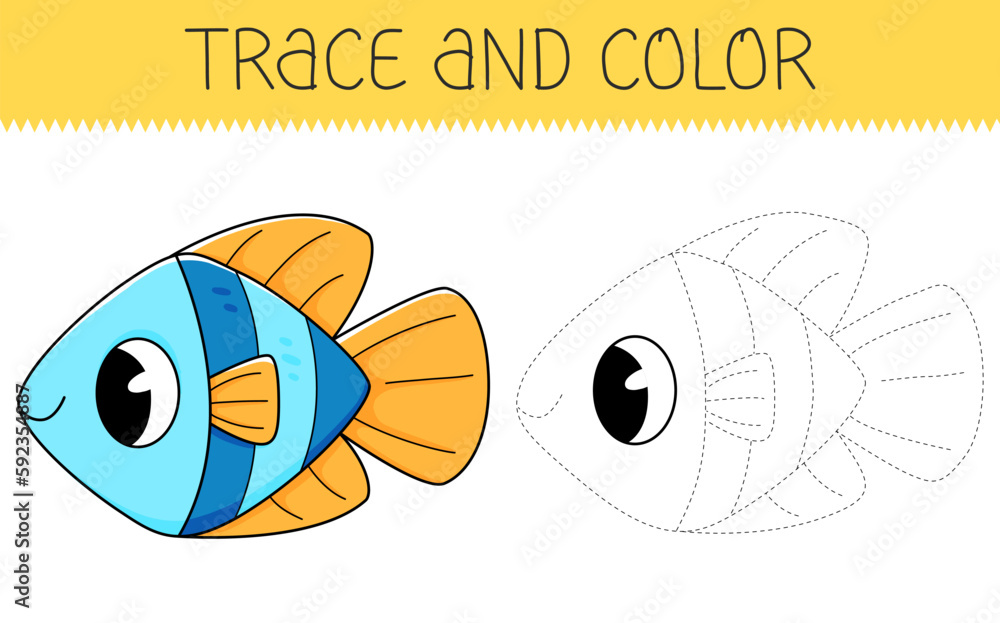 Trace and color coloring book with cute fish for kids. Coloring page with cartoon fish. Vector illustration.