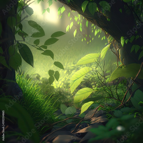 Environment of green foliage peering through a clearing path. Green illustration concept. Generative AI.