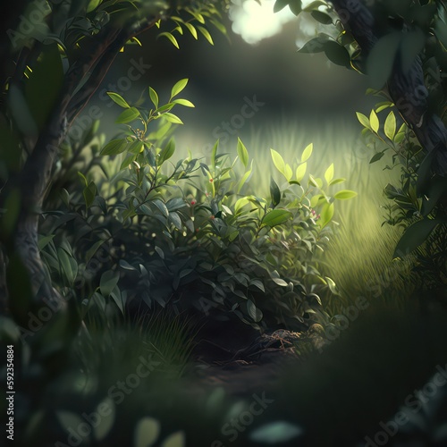 Environment of green foliage peering through a clearing path. Green illustration concept. Generative AI.