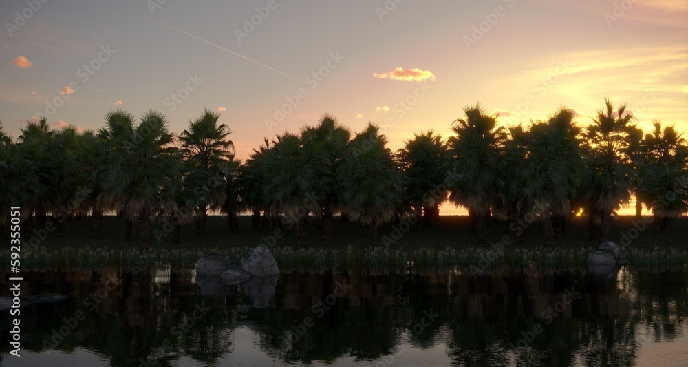 tropical jungle on the river bank, 3D illustration, cg render
