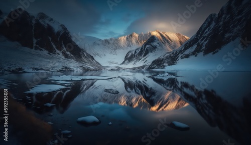 Snowy mountains and frozen lake blue hour. Beautiful snowy mountains. Generative AI.