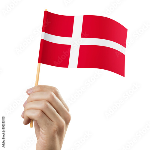 Foto Hand holding flag of Denmark, cut out