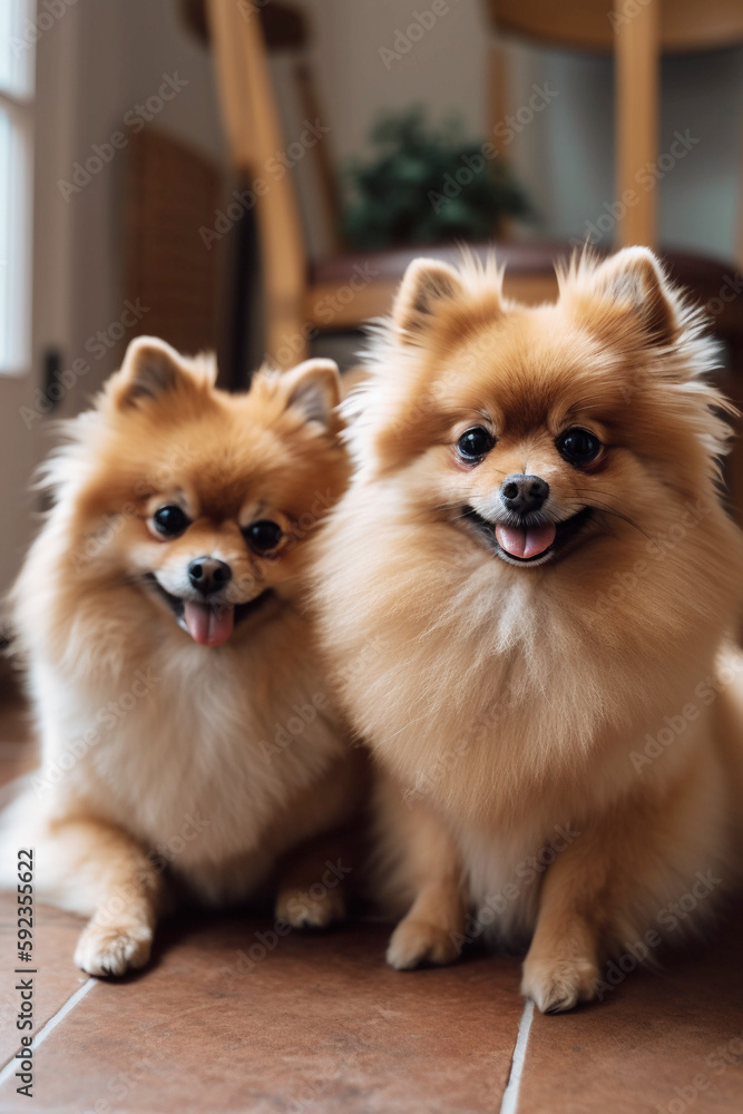 Two Curious Pomeranians spitz dog looking at the camera in home. Adorable pet. Waiting for the over. Dog food. Love for animals