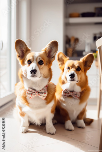 Curious Corgi dog looking at the camera in home. Adorable pet. Waiting for the over. Dog food. Love for animals