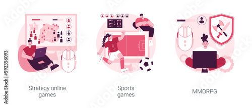 Playing computer games abstract concept vector illustration set. Strategy online games, digital sports championship, online multiplayer, internet browser, gaming app, championship abstract metaphor.