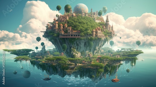  A surreal illustration of a world filled with floating islands and impossible structures in a biophillic design style, 8k, intricate detail, photography, generative ai © 3D Station