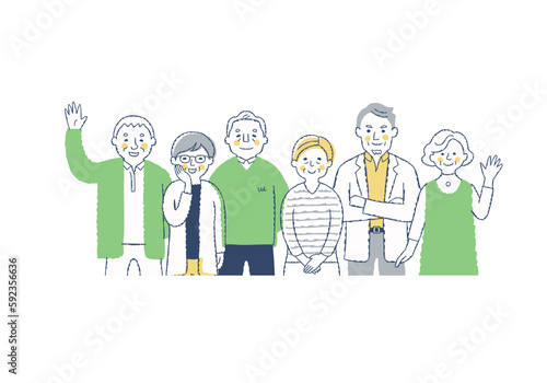 笑顔のシニア世代の男女6人　上半身