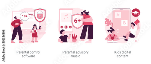 Media content limitation technology abstract concept vector illustration set. Parental control software, parental advisory music, kids digital content, warning label, access abstract metaphor.