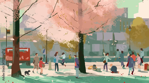 Cherry Blossom Picnic: A Colorful Depiction of Everyday Life in the Park