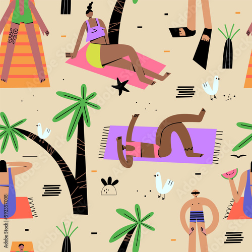 Repeating pattern with a group of people sunbathing on the beach. Color trendy wallpaper in flat style.