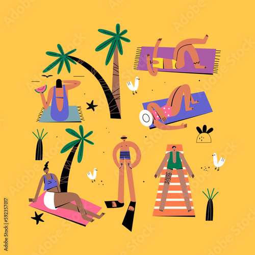 Group of young people sunbathing on the beach.  Characters of people, seagulls and palm trees. Color flat vector illustration