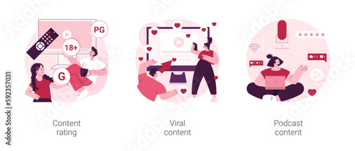 Media and tv content abstract concept vector illustration set. Content rating, viral content, podcast creation, games and apps, video production, engaging marketing, entertainment abstract metaphor.