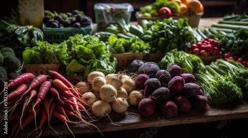 A group of fresh produce at a farmers market. Generative AI. 