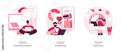 Business digitalization abstract concept vector illustration set. Digital transformation, office wellbeing, digital overload, paperless workflow, social media time tracking app abstract metaphor.