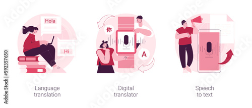 Multilingual mobile application abstract concept vector illustration set. Language translation, digital translator, speech to text, voice recognition technology, online dictionary abstract metaphor.