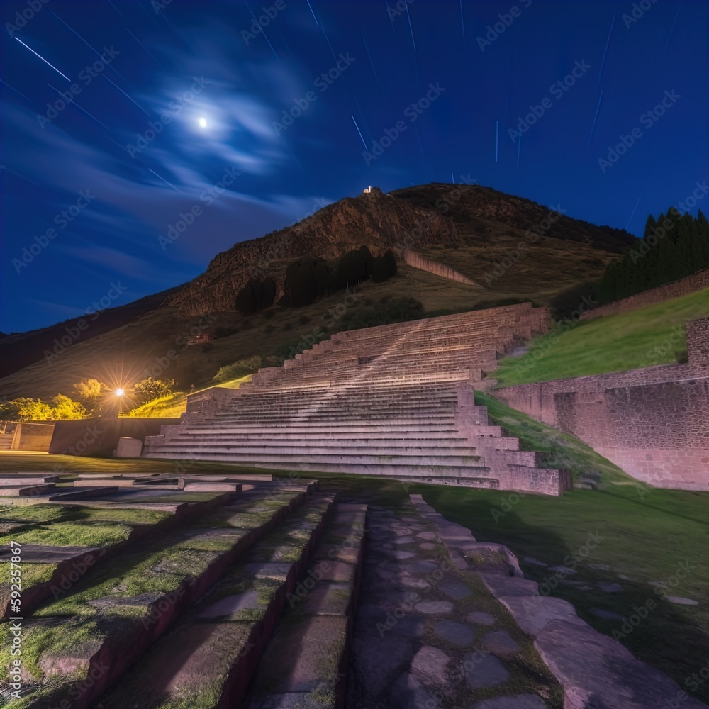 An Inca pyramid with mysterious lighting. Great for stories of mythology, aliens, magic, Incas, history, Mayan, sci-fi, fantasy, mystery and more.