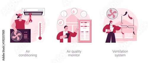 Smart home components abstract concept vector illustration set. Air conditioning, air quality monitor, ventilation system, airing and cooling system, energy saving solution abstract metaphor.