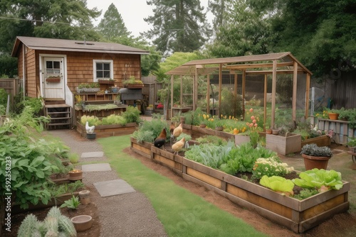 backyard with flower beds, vegetable patches, and chicken coop, created with generative ai photo