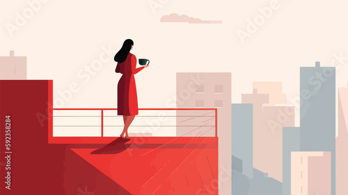 Reflection on the Rooftop: A Red-Toned Flat Illustration of a Woman Walking in Stillness