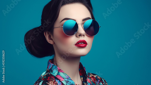 Beauty fashion model girl in trendy wear  with bright make-up over blue background   generative AI tools 