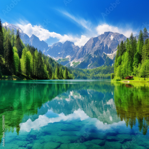 The lake reflects the sky , surrounded by trees and mountains . Generative AI