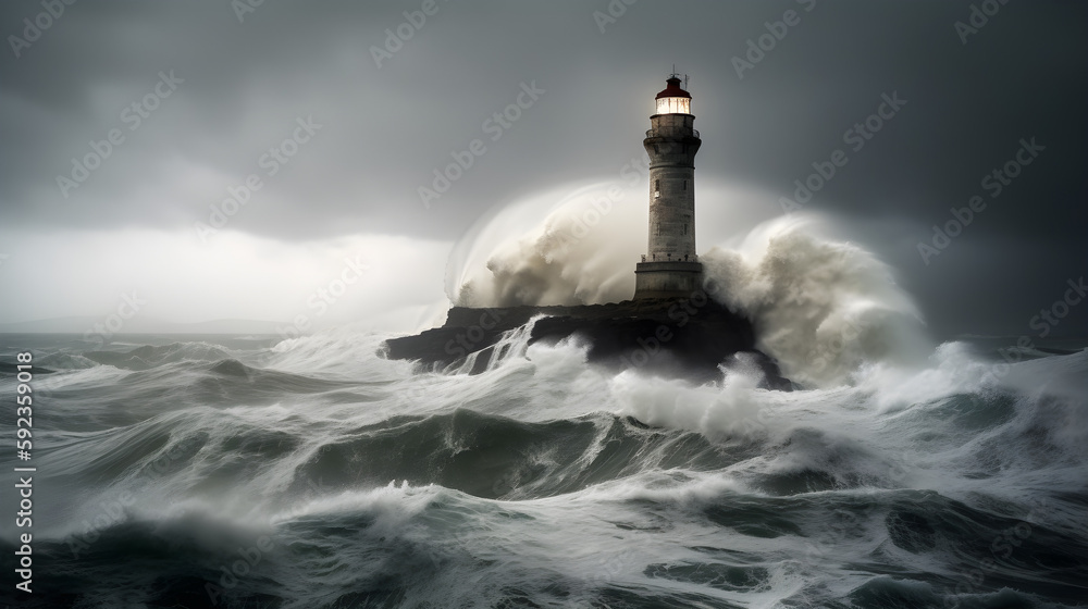 Lighthouse in a storm, Generative AI