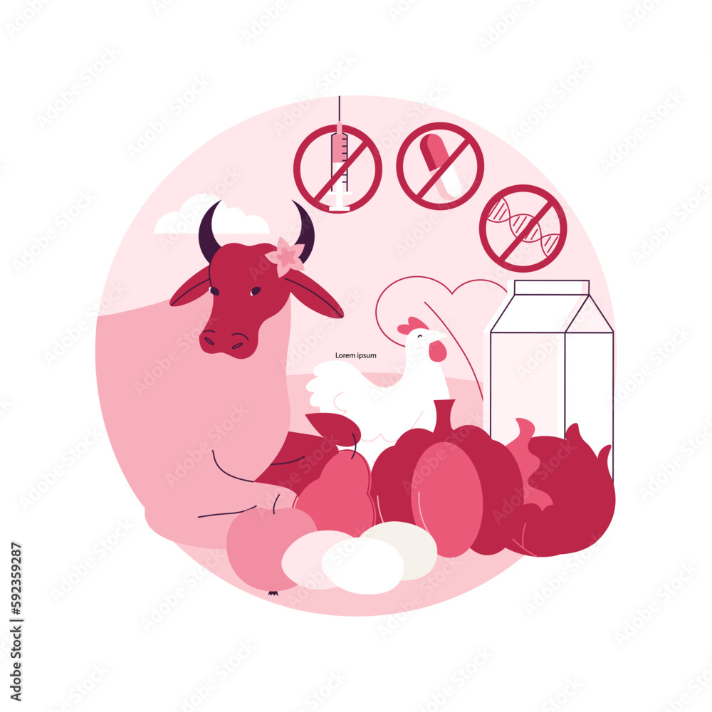 Free from antibiotics hormones GMO foods abstract concept vector illustration. Organic products livestock, organic farming, choose healthy foods, rich nutrient diet, farm market abstract metaphor.